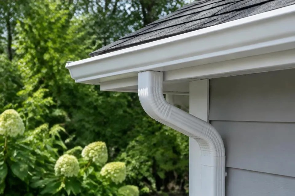 White seamless gutter and downspout on a Colorado house
