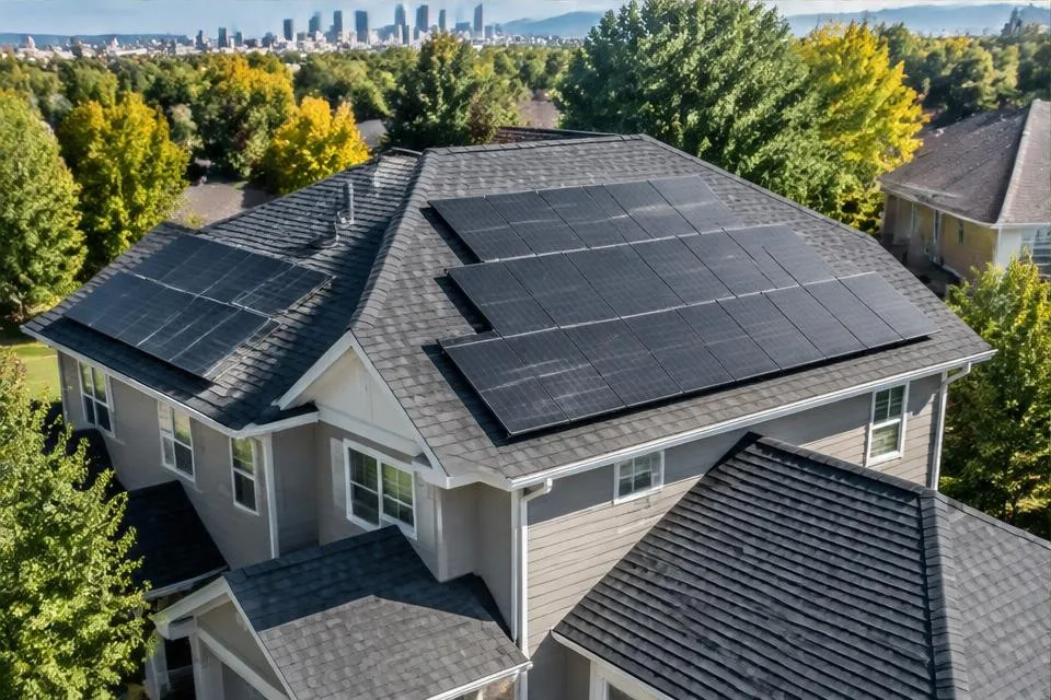 Solar panels fitted to a residential roof in a leafy Denver neighborhood