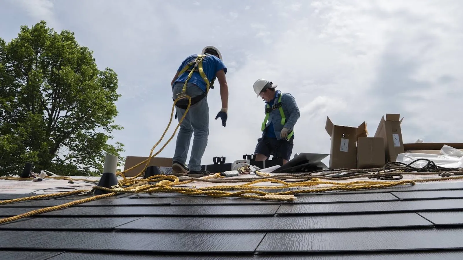 Weddle and Sons roofers in safety harnesses installing a new roof near Carbondale, Kansas