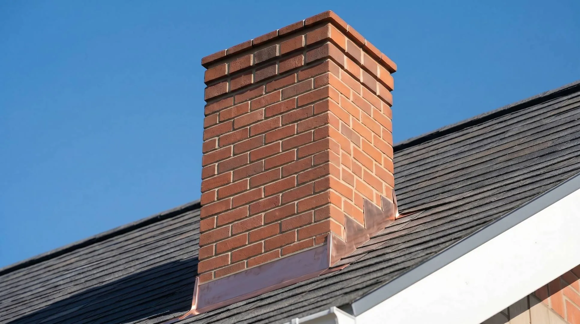 Residential roof with chimney and proper flashing