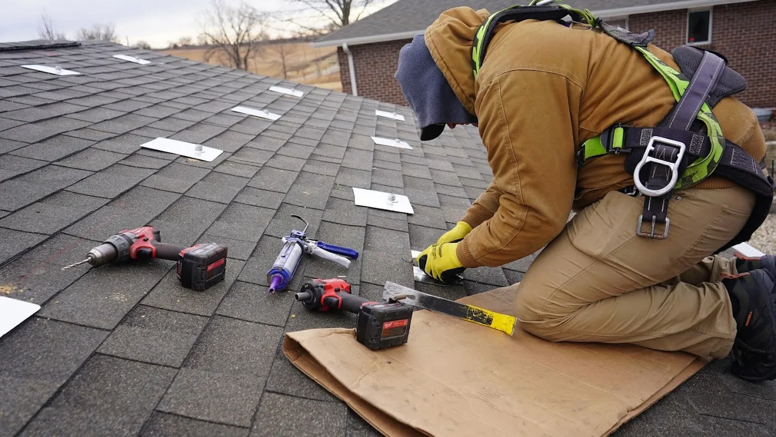 Weddle & Sons roofer in safety harnesses installing a shingle roof