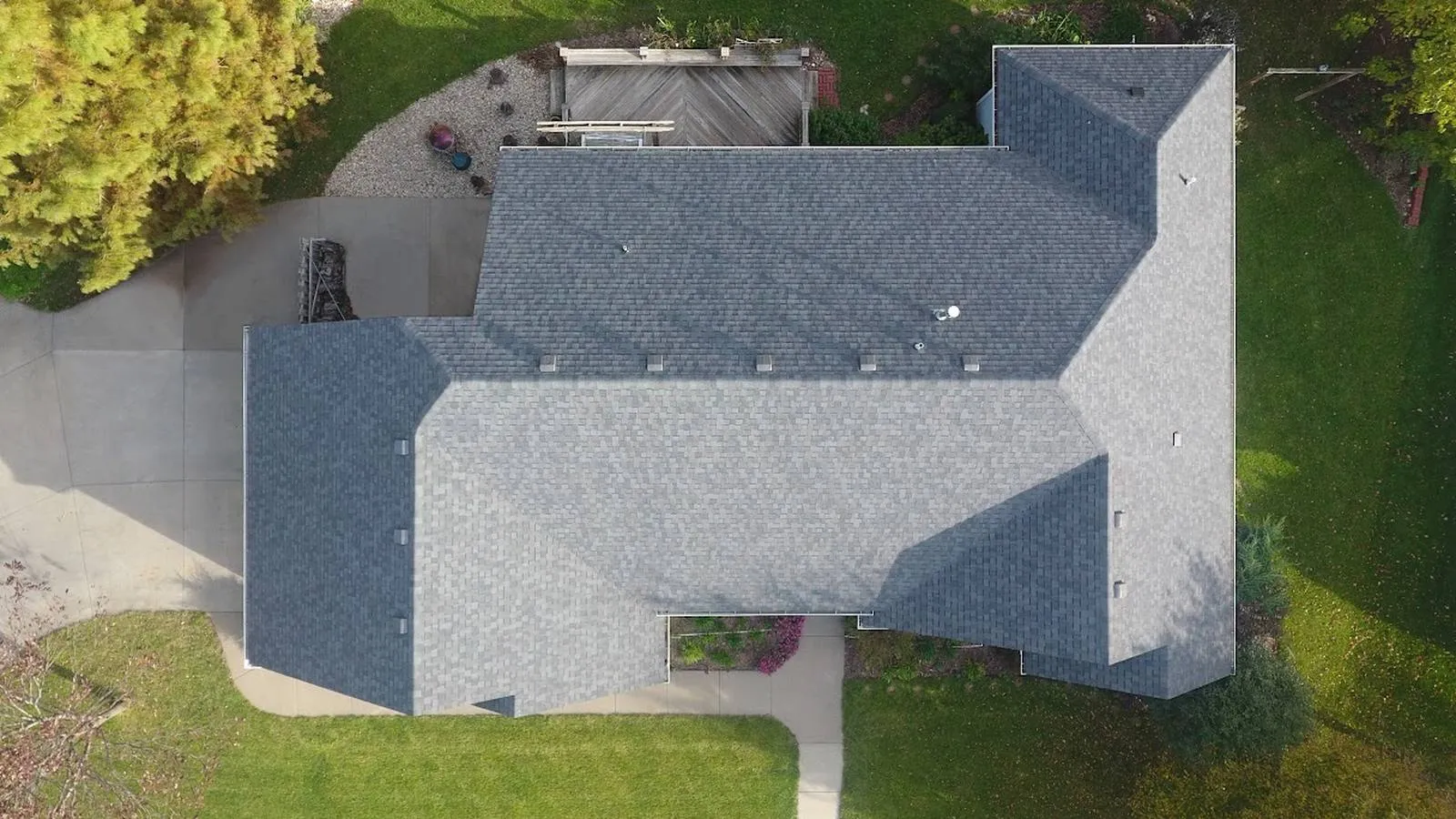 Overhead view of a Eudora, Kansas home with a new gray architectural shingle roof