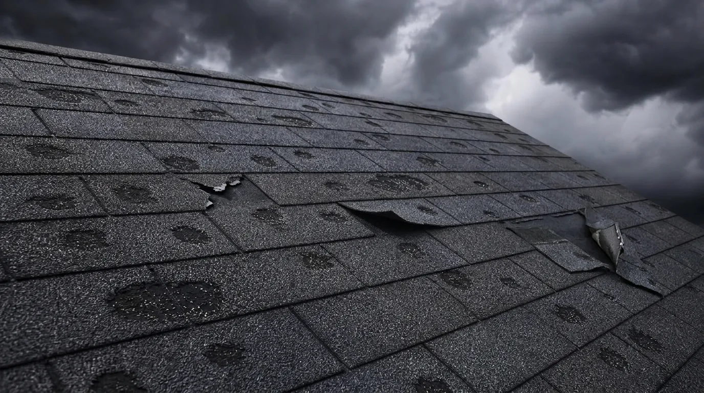 Asphalt shingle roof with hail damage and dark storm clouds