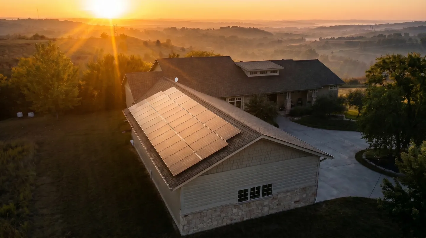 Solar panels on a residential roof at sunset