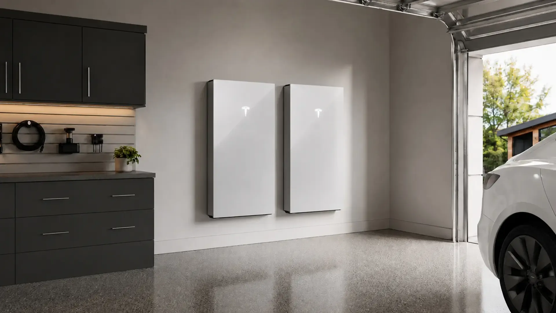 Two Tesla Powerwall 3 home batteries mounted on the garage wall of a modern home