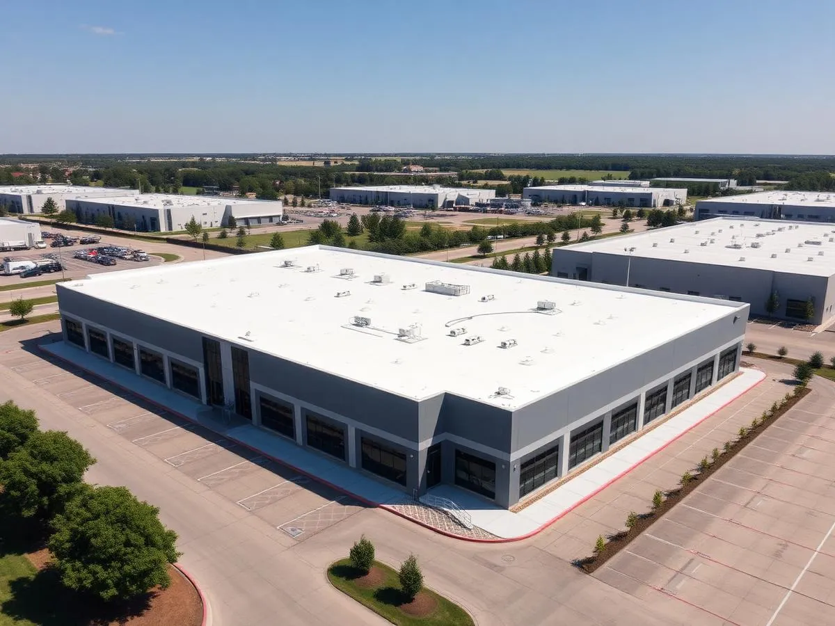 Modern commercial building with a clean white TPO roof