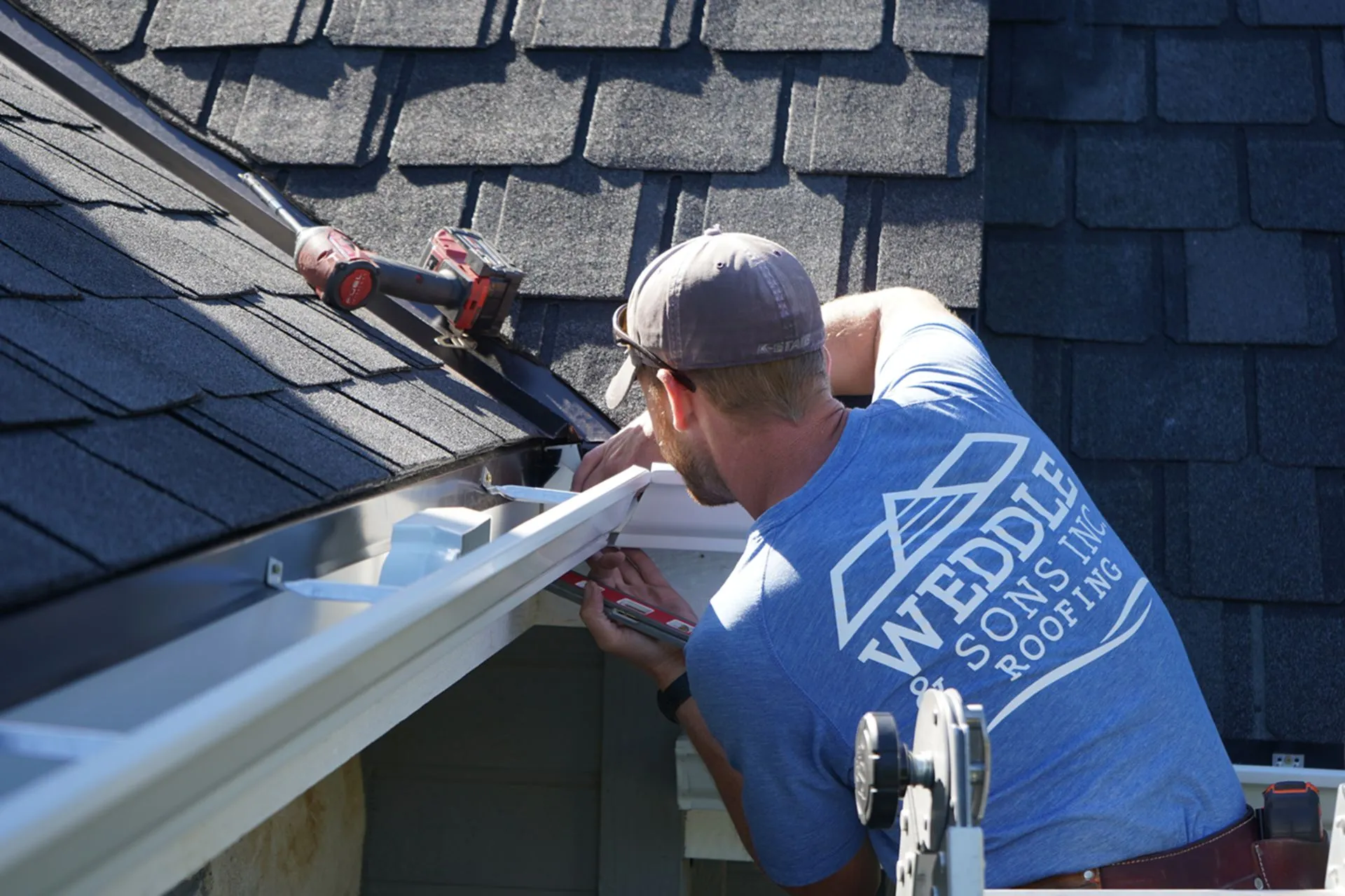 Seamless aluminum gutters installed along the roofline of a home in Lincoln, Nebraska