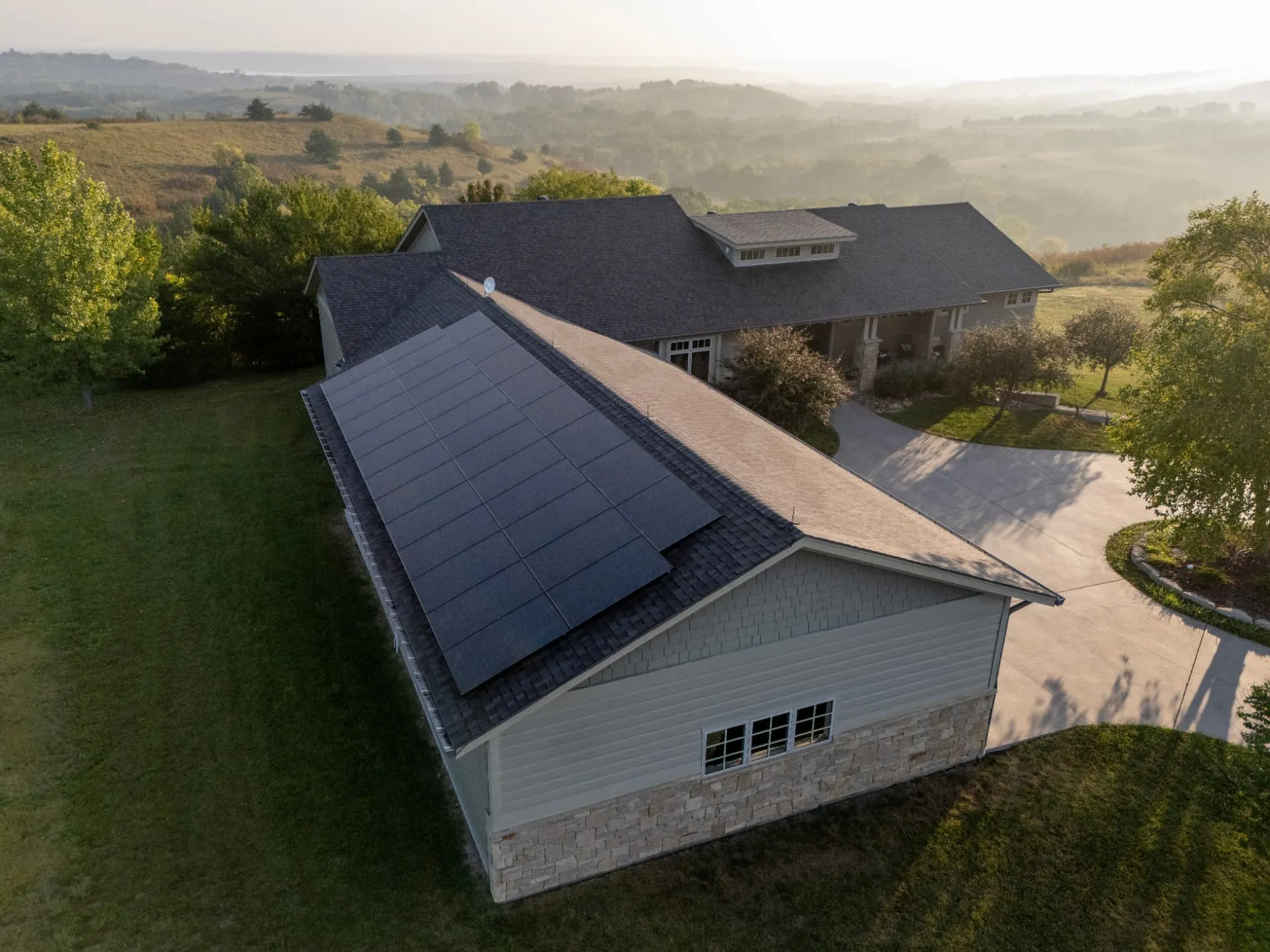 Rooftop solar panels generating power on a residential home