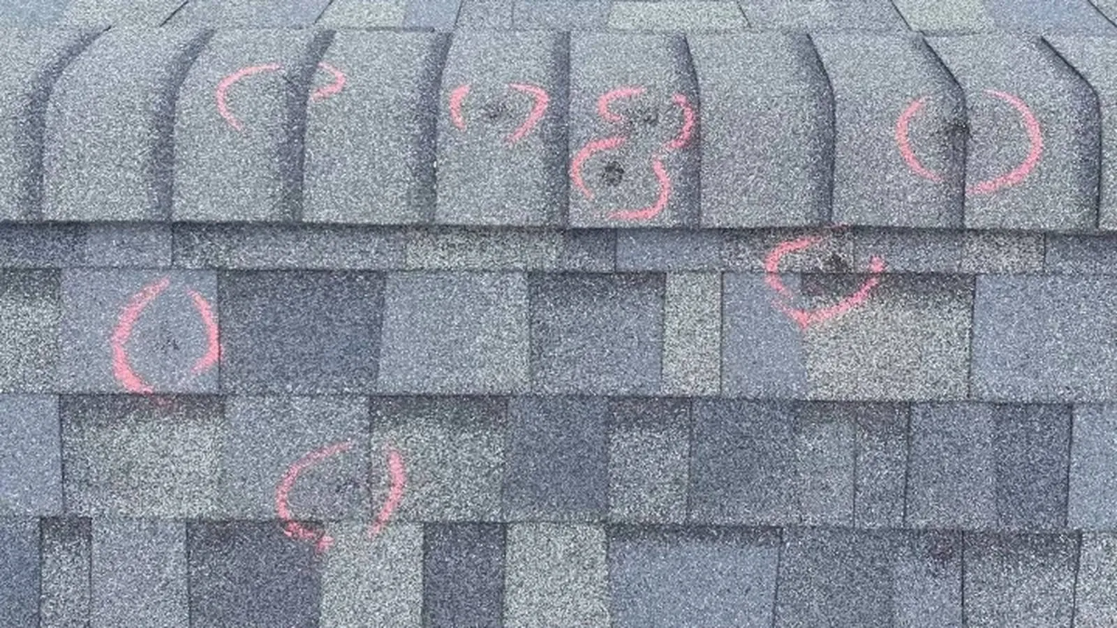 Hail and wind damaged shingles on a storm hit residential roof
