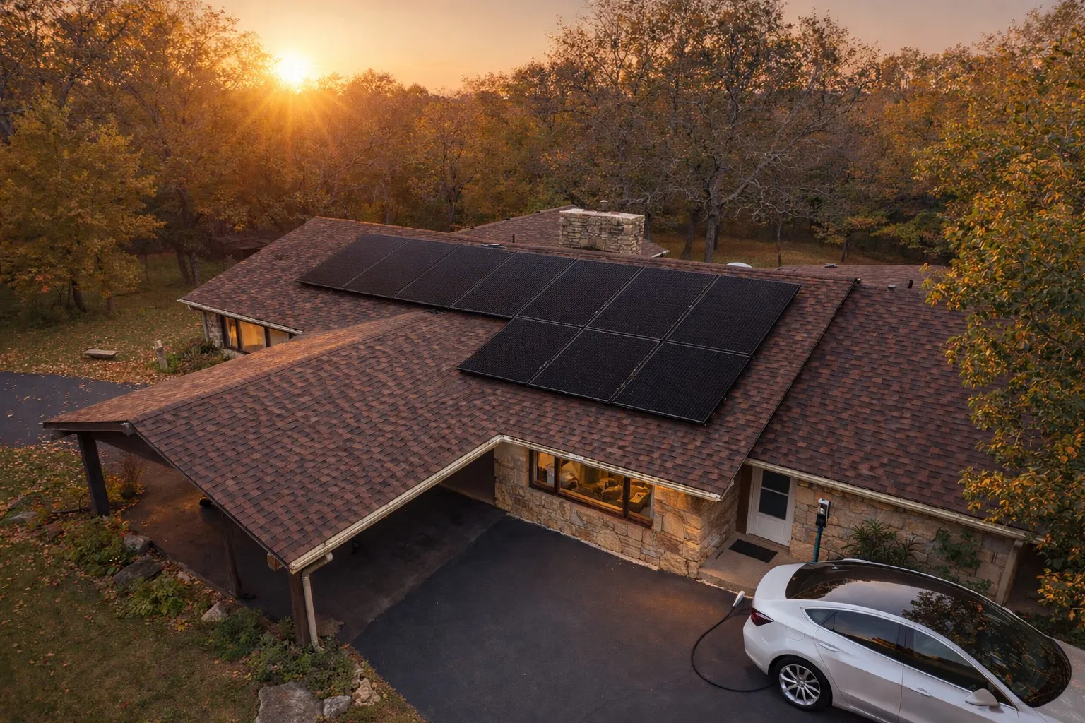 A house with solar panels on the roof at sunset with an electric vehicle parked in the driveway